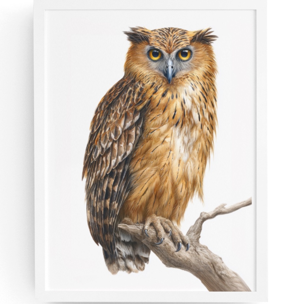 Watercolor Buffy Fish Owl Portrait Wall Art Print Poster, Unframed - Exotic